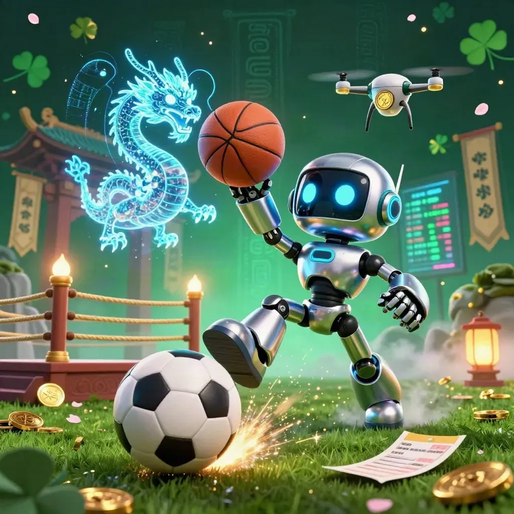 Cyber-Roboter, Holo-Drache und Drohne im explosiven Casino-Sportmoment vor Tempeltor