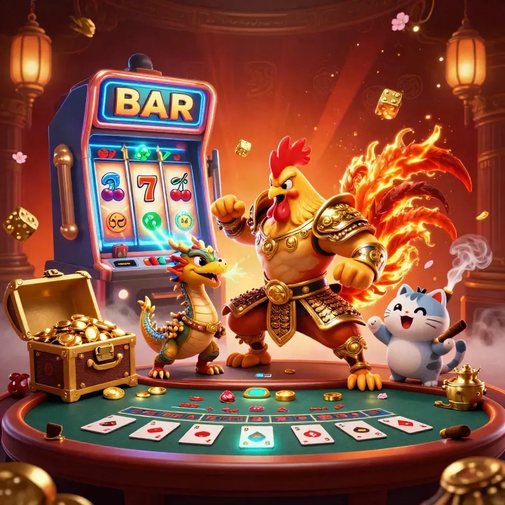 Goldener Hahnkrieger, Drachenjunges und Glückskatze vor Slot, Roulette und Dealer-Button