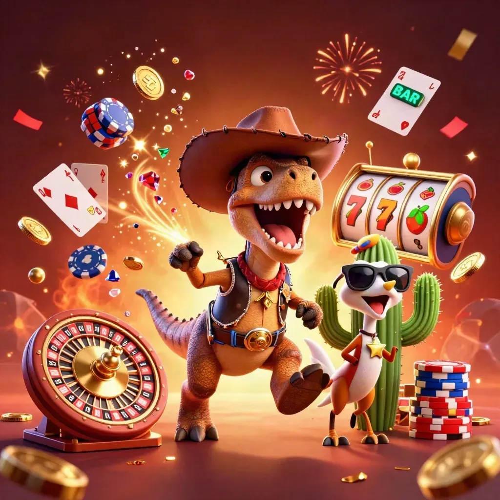 Cowboy-T-Rex, Kaktus und Sheriff-Vogel im Goldregen mit Roulette und Feuerwerk