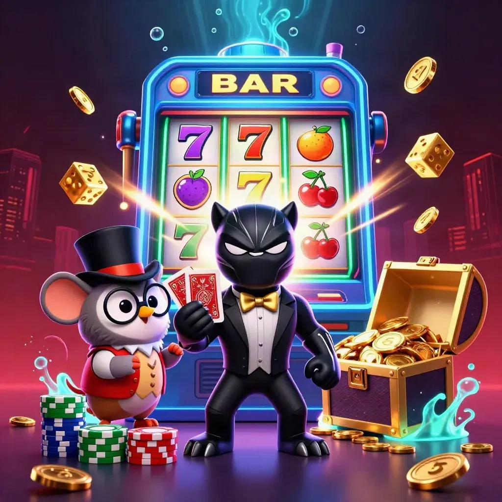Panther, Eule und Maus feiern ein explodierendes Jackpot-Casino mit Gold und Münzen.