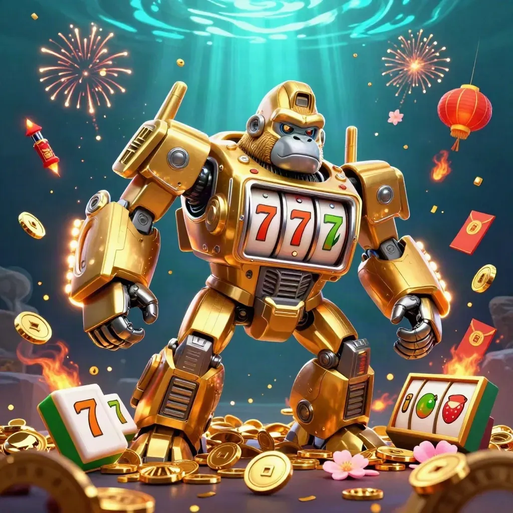 Goldener Gorilla-Mech mit Affenpilot, Münzen, Feuerwerk und Casino-Glanz im Dunkelblau.