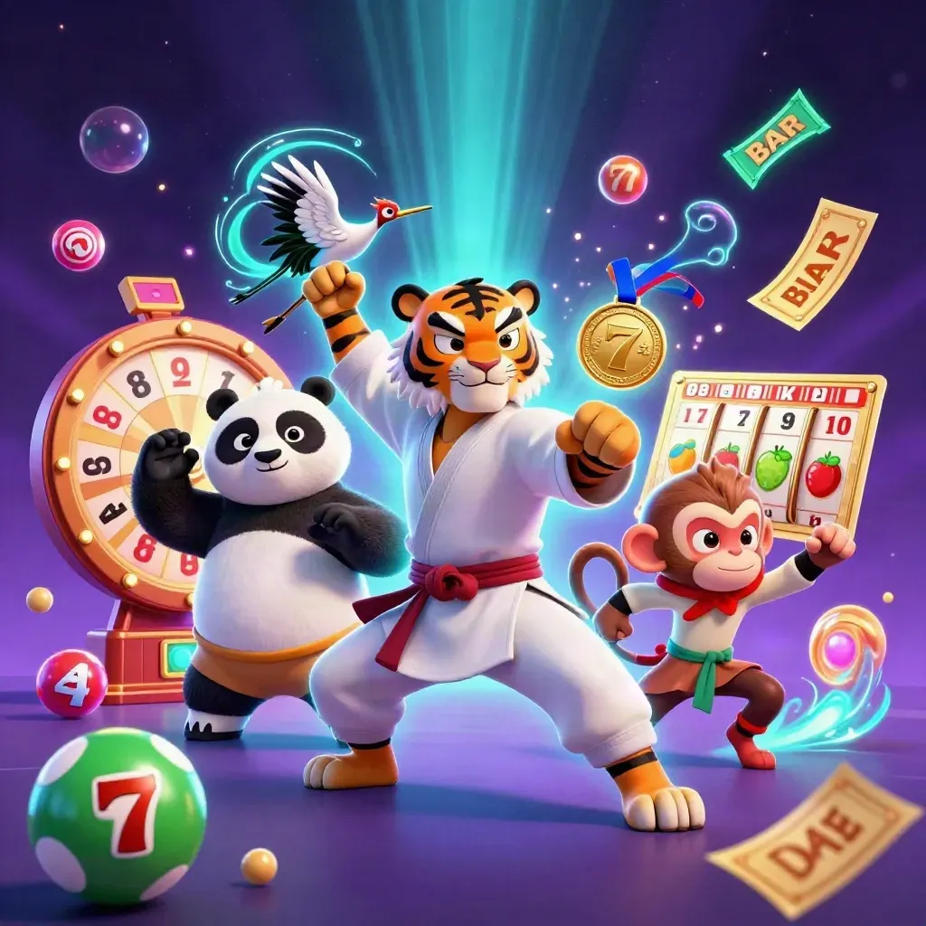 Kung-Fu-Tiger, Panda und Affe mit Glücksobjekten, Neon-Casino-Licht und magischem Wirbel.